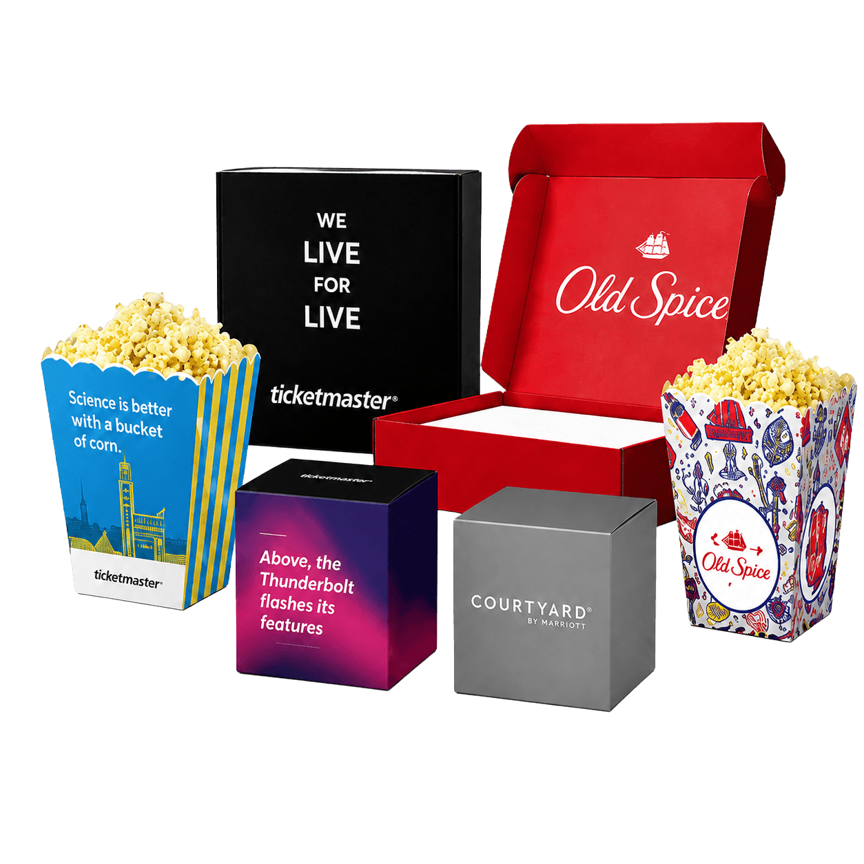 Custom retail packaging display featuring custom boxes, pop-up containers, mailers, and printed boxes