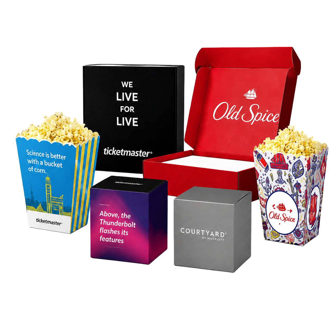 Custom retail packaging display featuring custom boxes, pop-up containers, mailers, and printed boxes